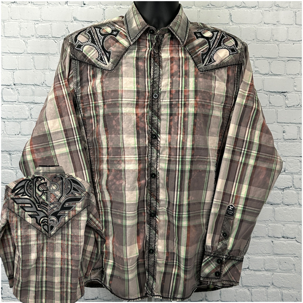 Roar x Buckle Button Front Shirt Cross Wings Long Sleeve Plaid Beige L Large